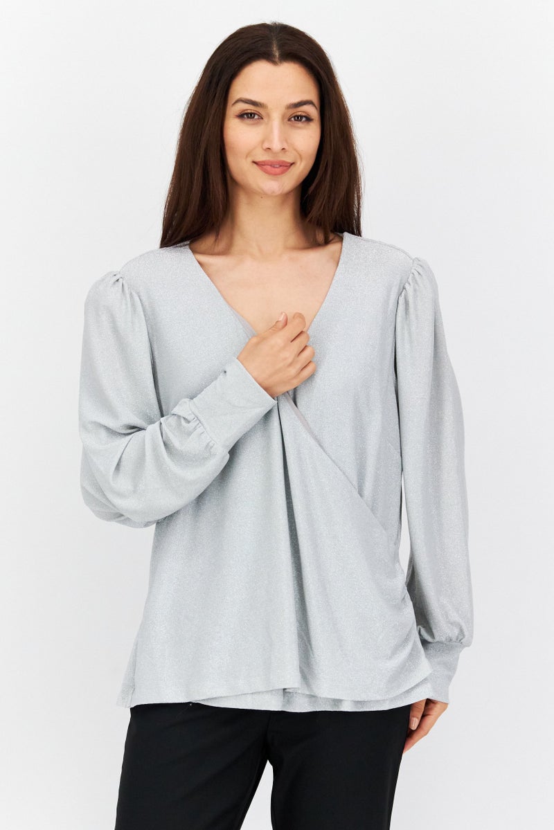 city chic Women Plus Size Surplice Neck Long Sleeves Metallic Blouse, Silver - Image 1